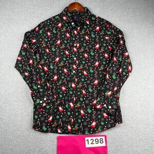 Simon Banks Christmas Santa Print Long Sleeve Button Up Shirt Medium Black